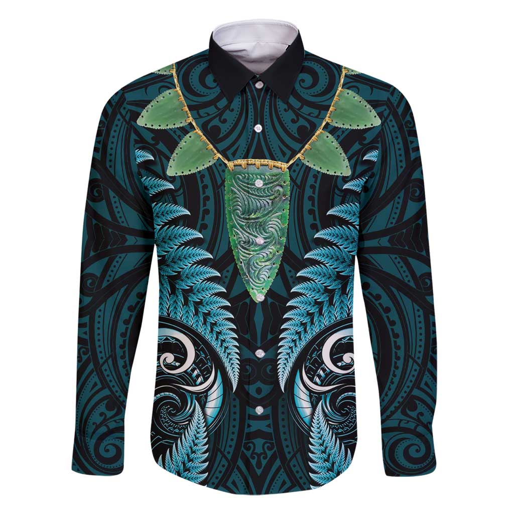 Aotearoa Pounamu Niho Family Matching Long Sleeve Bodycon Dress and Hawaiian Shirt Silver Fern Mix Maori Pattern - Turquoise LT14 Dad's Shirt - Long Sleeve Turquoise - Polynesian Pride