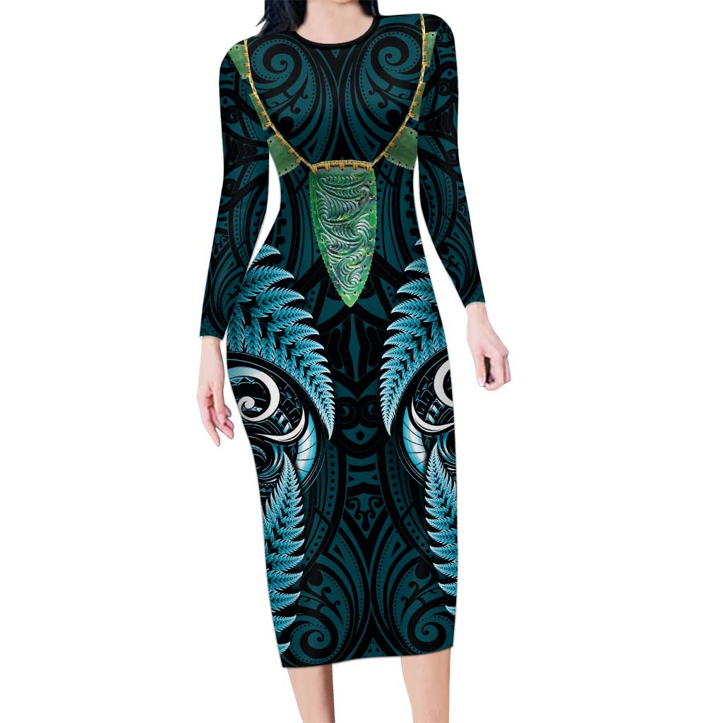 Aotearoa Pounamu Niho Family Matching Long Sleeve Bodycon Dress and Hawaiian Shirt Silver Fern Mix Maori Pattern - Turquoise LT14 Mom's Dress Turquoise - Polynesian Pride