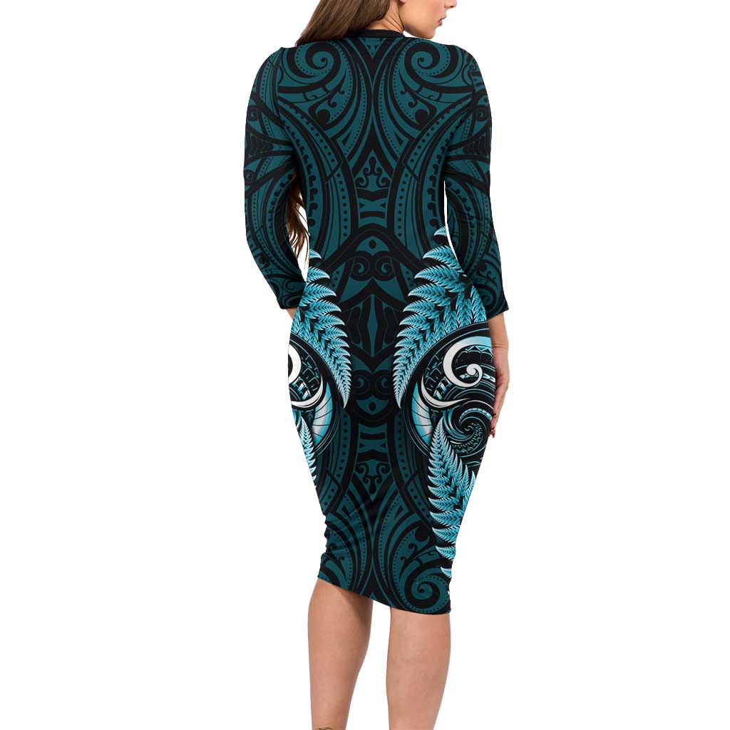 Aotearoa Pounamu Niho Family Matching Long Sleeve Bodycon Dress and Hawaiian Shirt Silver Fern Mix Maori Pattern - Turquoise LT14 - Polynesian Pride