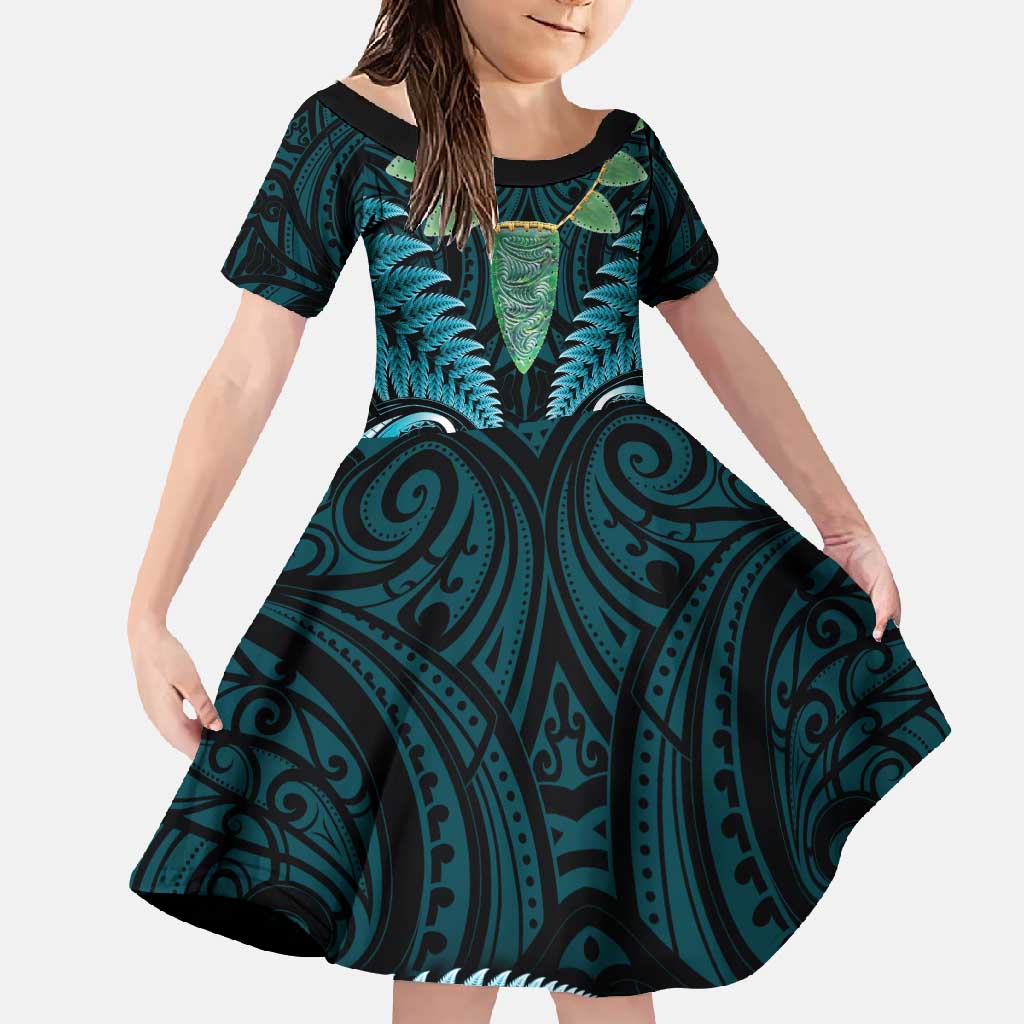 Aotearoa Pounamu Niho Family Matching Mermaid Dress and Hawaiian Shirt Silver Fern Mix Maori Pattern - Turquoise LT14 Daughter's Dress Turquoise - Polynesian Pride