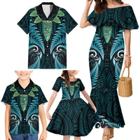 Aotearoa Pounamu Niho Family Matching Mermaid Dress and Hawaiian Shirt Silver Fern Mix Maori Pattern - Turquoise LT14 - Polynesian Pride