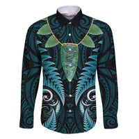 Aotearoa Pounamu Niho Family Matching Mermaid Dress and Hawaiian Shirt Silver Fern Mix Maori Pattern - Turquoise LT14 Dad's Shirt - Long Sleeve Turquoise - Polynesian Pride