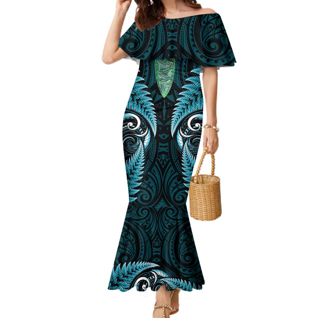 Aotearoa Pounamu Niho Family Matching Mermaid Dress and Hawaiian Shirt Silver Fern Mix Maori Pattern - Turquoise LT14 Mom's Dress Turquoise - Polynesian Pride