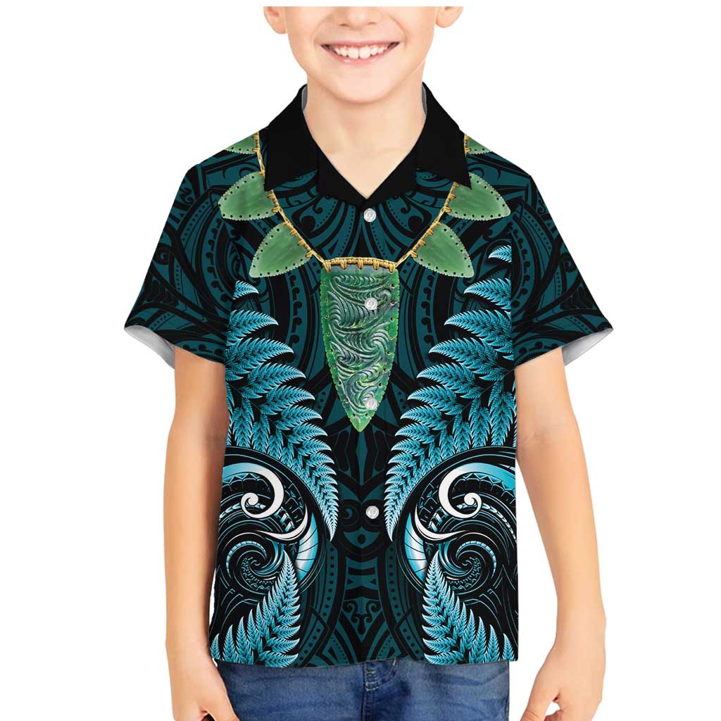Aotearoa Pounamu Niho Family Matching Mermaid Dress and Hawaiian Shirt Silver Fern Mix Maori Pattern - Turquoise LT14 Son's Shirt Turquoise - Polynesian Pride