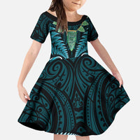 Aotearoa Pounamu Niho Family Matching Short Sleeve Bodycon Dress and Hawaiian Shirt Silver Fern Mix Maori Pattern - Turquoise LT14 Daughter's Dress Turquoise - Polynesian Pride