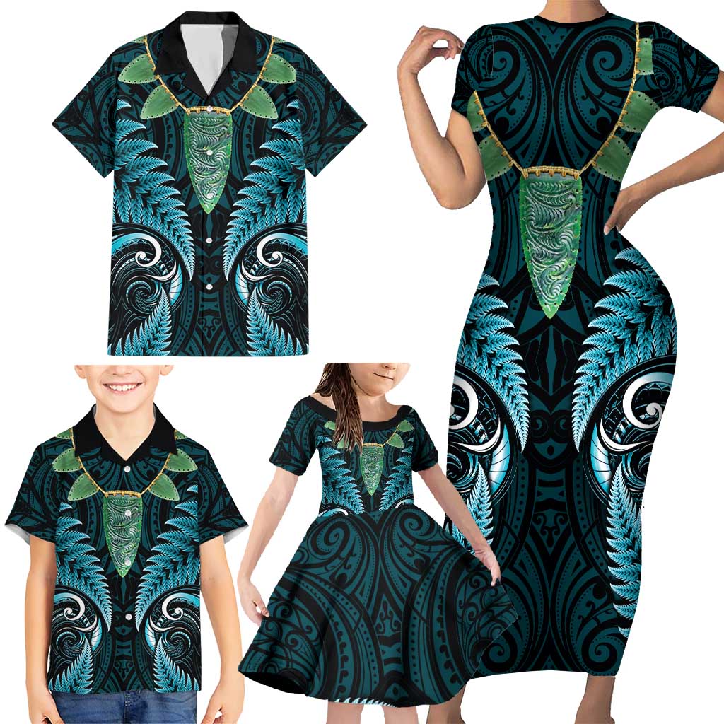 Aotearoa Pounamu Niho Family Matching Short Sleeve Bodycon Dress and Hawaiian Shirt Silver Fern Mix Maori Pattern - Turquoise LT14 - Polynesian Pride