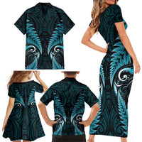 Aotearoa Pounamu Niho Family Matching Short Sleeve Bodycon Dress and Hawaiian Shirt Silver Fern Mix Maori Pattern - Turquoise LT14 - Polynesian Pride