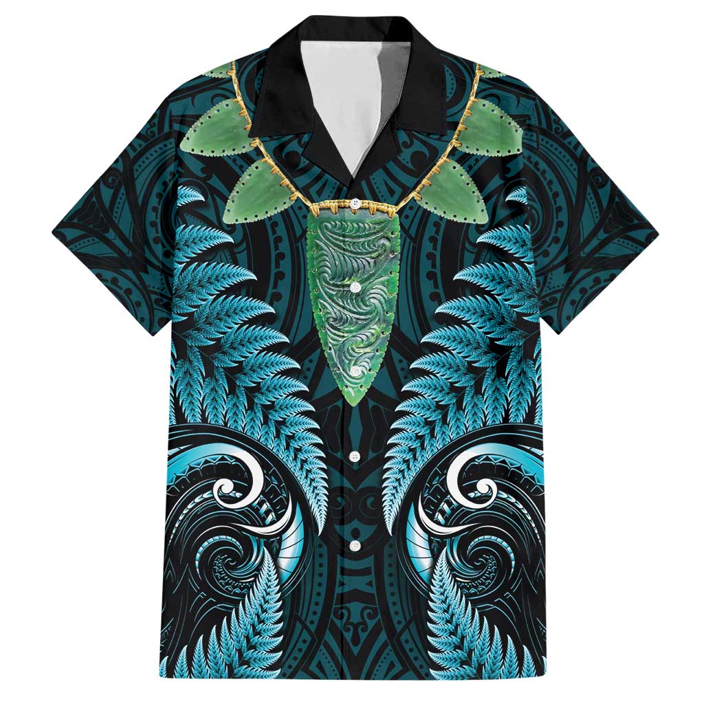 Aotearoa Pounamu Niho Family Matching Short Sleeve Bodycon Dress and Hawaiian Shirt Silver Fern Mix Maori Pattern - Turquoise LT14 Dad's Shirt - Short Sleeve Turquoise - Polynesian Pride