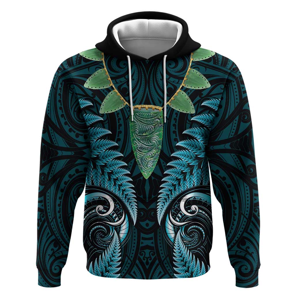 Aotearoa Pounamu Niho Hoodie Silver Fern Mix Maori Pattern - Turquoise