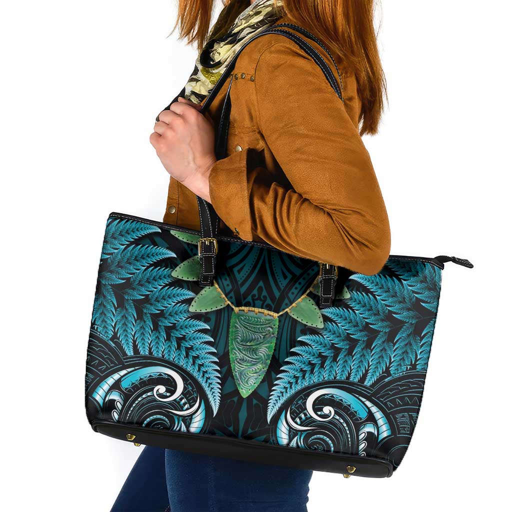 Aotearoa Pounamu Niho Leather Tote Bag Silver Fern Mix Maori Pattern - Turquoise