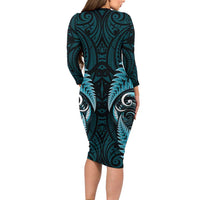 Aotearoa Pounamu Niho Long Sleeve Bodycon Dress Silver Fern Mix Maori Pattern - Turquoise LT14 - Polynesian Pride