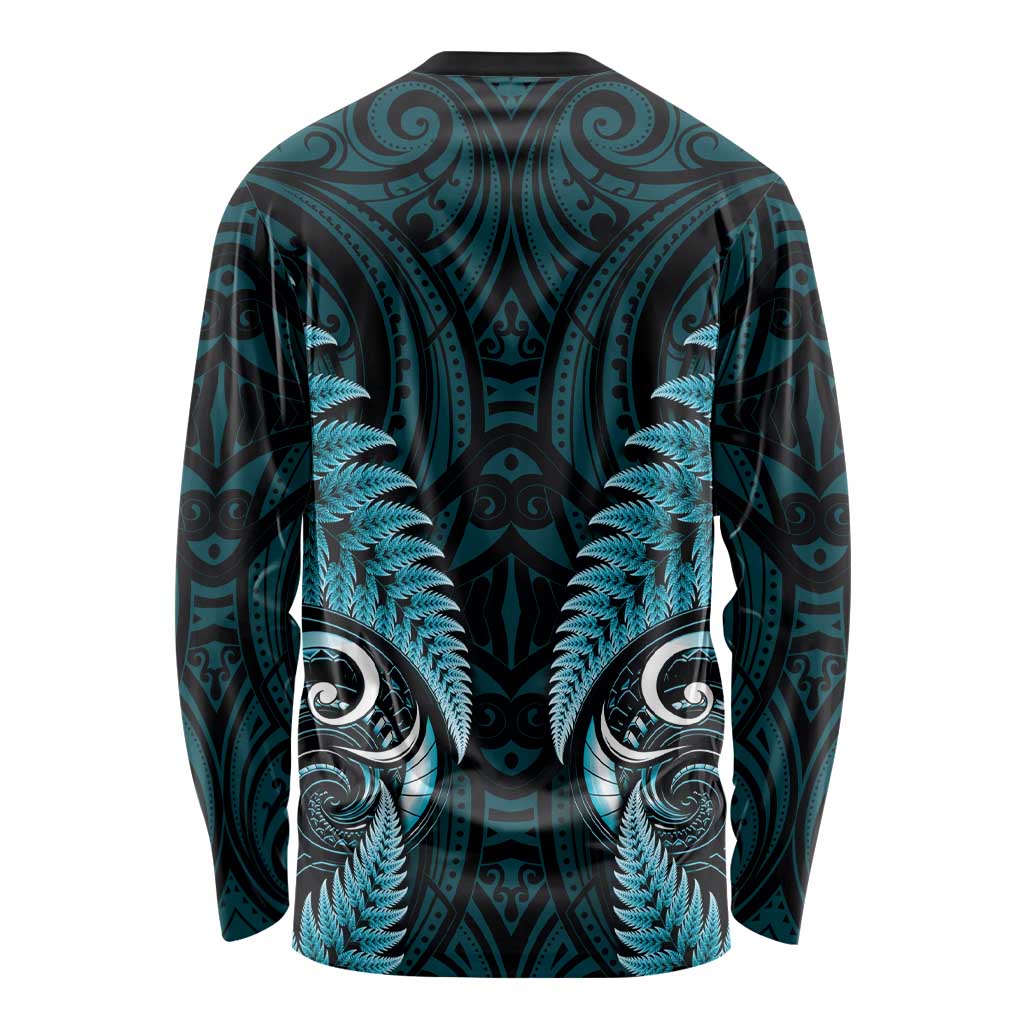 Aotearoa Pounamu Niho Long Sleeve Shirt Silver Fern Mix Maori Pattern - Turquoise