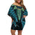 Aotearoa Pounamu Niho Off Shoulder Short Dress Silver Fern Mix Maori Pattern - Turquoise