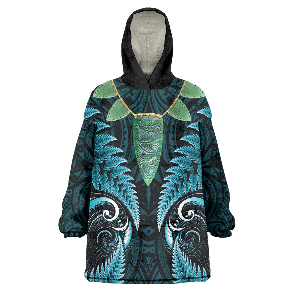 Aotearoa Pounamu Niho Wearable Blanket Hoodie Silver Fern Mix Maori Pattern - Turquoise