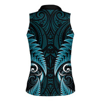 Aotearoa Pounamu Niho Women Sleeveless Polo Shirt Silver Fern Mix Maori Pattern - Turquoise