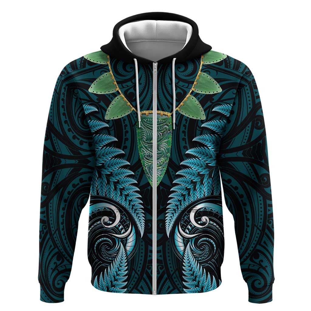 Aotearoa Pounamu Niho Zip Hoodie Silver Fern Mix Maori Pattern - Turquoise LT14 Zip Hoodie Turquoise - Polynesian Pride