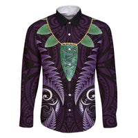 Aotearoa Pounamu Niho Family Matching Long Sleeve Bodycon Dress and Hawaiian Shirt Silver Fern Mix Maori Pattern - Purple LT14 Dad's Shirt - Long Sleeve Purple - Polynesian Pride