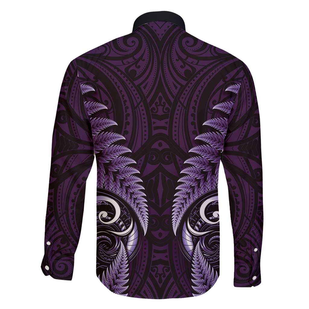 Aotearoa Pounamu Niho Family Matching Long Sleeve Bodycon Dress and Hawaiian Shirt Silver Fern Mix Maori Pattern - Purple LT14 - Polynesian Pride