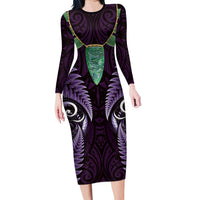 Aotearoa Pounamu Niho Family Matching Long Sleeve Bodycon Dress and Hawaiian Shirt Silver Fern Mix Maori Pattern - Purple LT14 Mom's Dress Purple - Polynesian Pride