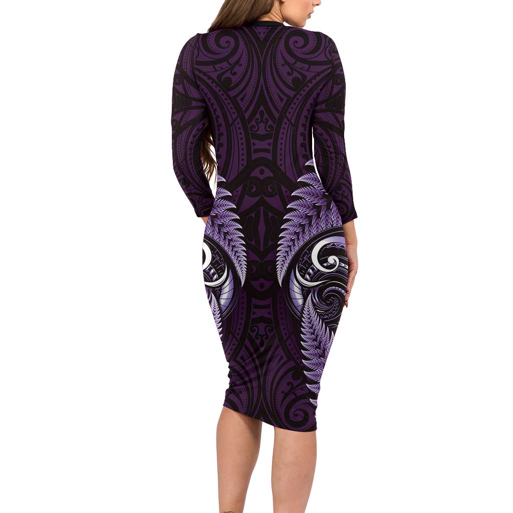 Aotearoa Pounamu Niho Family Matching Long Sleeve Bodycon Dress and Hawaiian Shirt Silver Fern Mix Maori Pattern - Purple LT14 - Polynesian Pride
