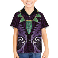 Aotearoa Pounamu Niho Family Matching Long Sleeve Bodycon Dress and Hawaiian Shirt Silver Fern Mix Maori Pattern - Purple LT14 Son's Shirt Purple - Polynesian Pride
