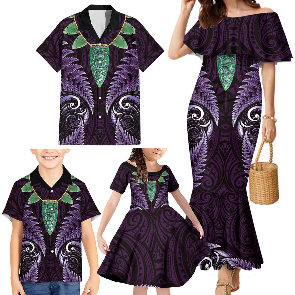 Aotearoa Pounamu Niho Family Matching Mermaid Dress and Hawaiian Shirt Silver Fern Mix Maori Pattern - Purple LT14 - Polynesian Pride