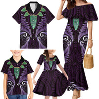 Aotearoa Pounamu Niho Family Matching Mermaid Dress and Hawaiian Shirt Silver Fern Mix Maori Pattern - Purple LT14 - Polynesian Pride
