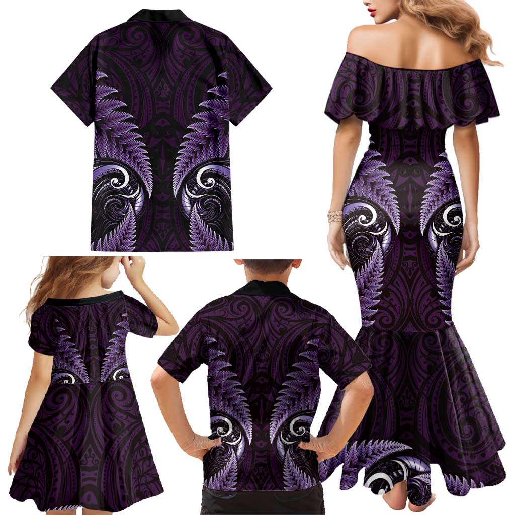 Aotearoa Pounamu Niho Family Matching Mermaid Dress and Hawaiian Shirt Silver Fern Mix Maori Pattern - Purple LT14 - Polynesian Pride