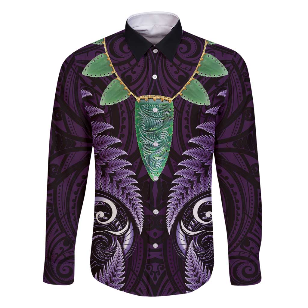 Aotearoa Pounamu Niho Family Matching Mermaid Dress and Hawaiian Shirt Silver Fern Mix Maori Pattern - Purple LT14 Dad's Shirt - Long Sleeve Purple - Polynesian Pride