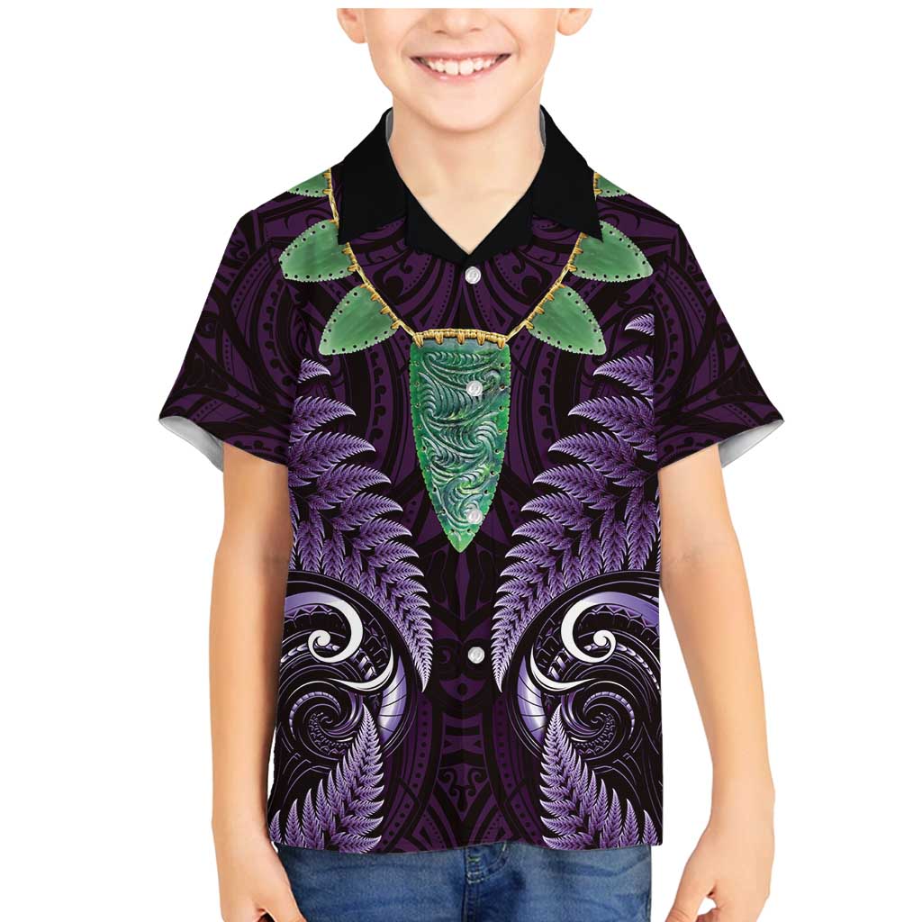 Aotearoa Pounamu Niho Family Matching Mermaid Dress and Hawaiian Shirt Silver Fern Mix Maori Pattern - Purple LT14 Son's Shirt Purple - Polynesian Pride