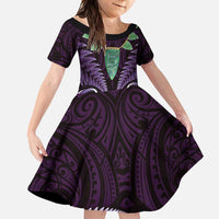Aotearoa Pounamu Niho Family Matching Short Sleeve Bodycon Dress and Hawaiian Shirt Silver Fern Mix Maori Pattern - Purple LT14 Daughter's Dress Purple - Polynesian Pride