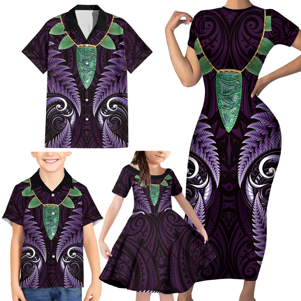 Aotearoa Pounamu Niho Family Matching Short Sleeve Bodycon Dress and Hawaiian Shirt Silver Fern Mix Maori Pattern - Purple LT14 - Polynesian Pride