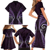 Aotearoa Pounamu Niho Family Matching Short Sleeve Bodycon Dress and Hawaiian Shirt Silver Fern Mix Maori Pattern - Purple LT14 - Polynesian Pride