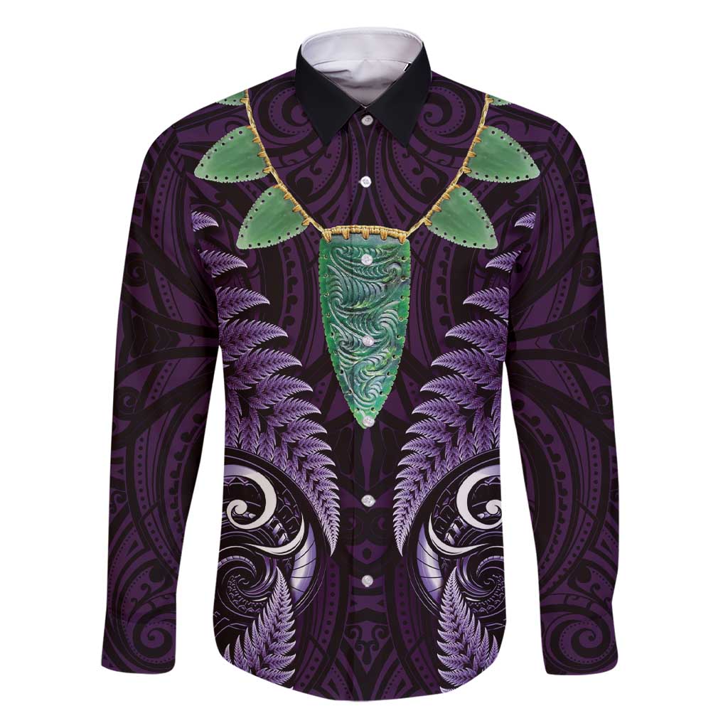 Aotearoa Pounamu Niho Family Matching Short Sleeve Bodycon Dress and Hawaiian Shirt Silver Fern Mix Maori Pattern - Purple LT14 Dad's Shirt - Long Sleeve Purple - Polynesian Pride