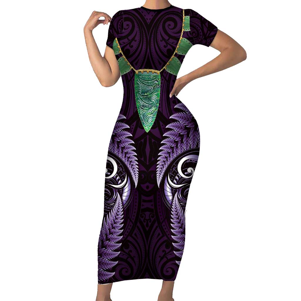 Aotearoa Pounamu Niho Family Matching Short Sleeve Bodycon Dress and Hawaiian Shirt Silver Fern Mix Maori Pattern - Purple LT14 Mom's Dress Purple - Polynesian Pride