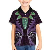 Aotearoa Pounamu Niho Family Matching Short Sleeve Bodycon Dress and Hawaiian Shirt Silver Fern Mix Maori Pattern - Purple LT14 Son's Shirt Purple - Polynesian Pride