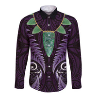Aotearoa Pounamu Niho Long Sleeve Button Shirt Silver Fern Mix Maori Pattern - Purple