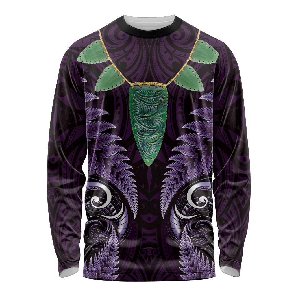 Aotearoa Pounamu Niho Long Sleeve Shirt Silver Fern Mix Maori Pattern - Purple