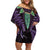 Aotearoa Pounamu Niho Off Shoulder Short Dress Silver Fern Mix Maori Pattern - Purple