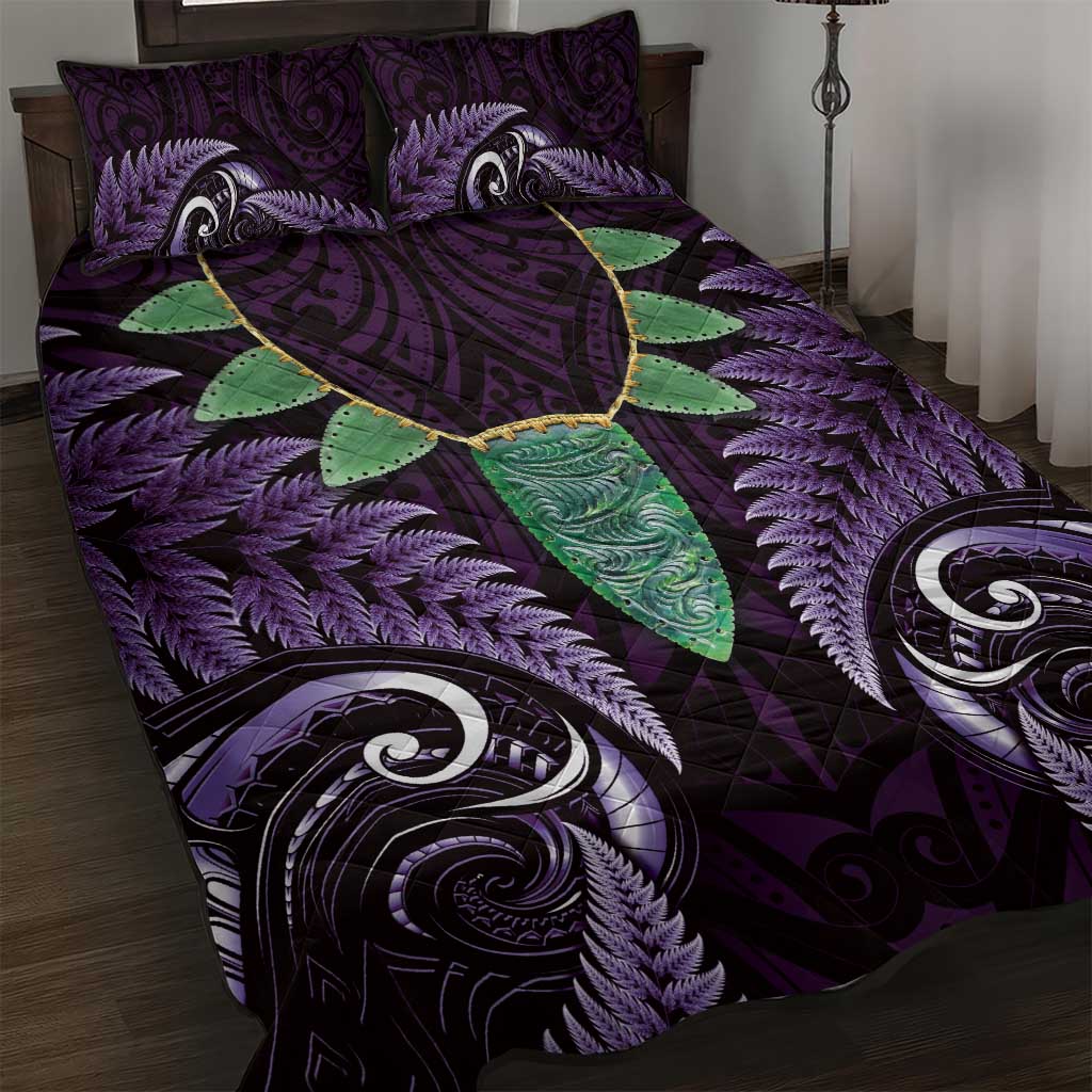 Aotearoa Pounamu Niho Quilt Bed Set Silver Fern Mix Maori Pattern - Purple