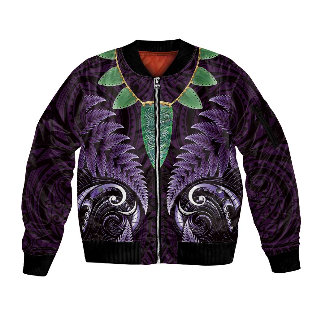 Aotearoa Pounamu Niho Sleeve Zip Bomber Jacket Silver Fern Mix Maori Pattern - Purple LT14 Unisex Purple - Polynesian Pride