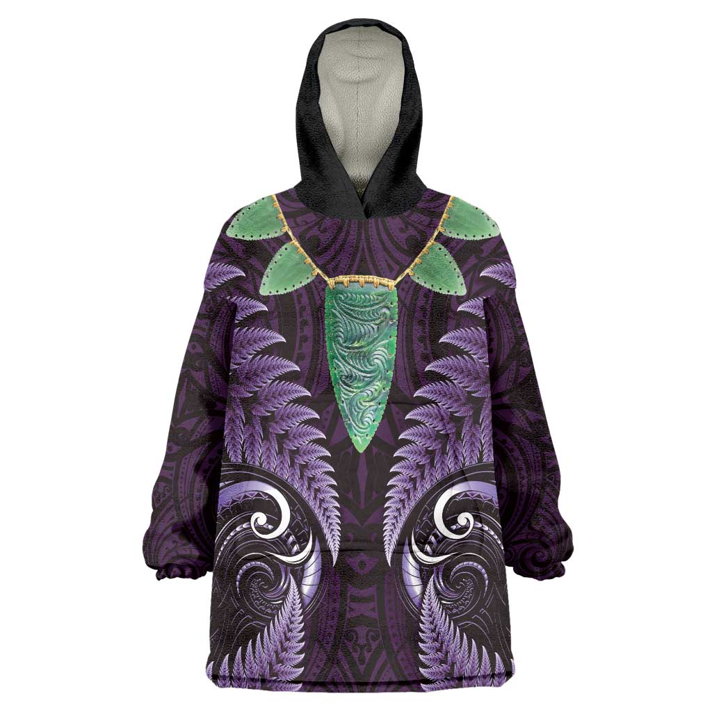 Aotearoa Pounamu Niho Wearable Blanket Hoodie Silver Fern Mix Maori Pattern - Purple