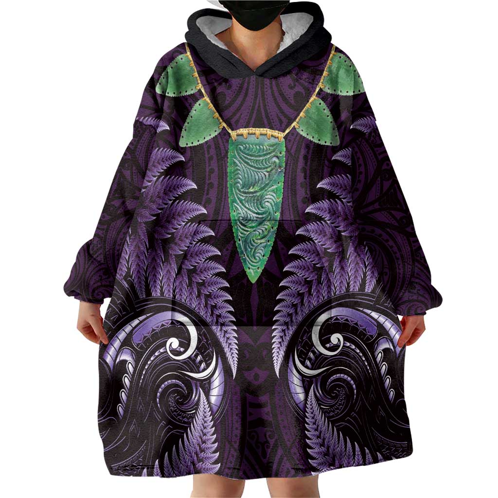 Aotearoa Pounamu Niho Wearable Blanket Hoodie Silver Fern Mix Maori Pattern - Purple