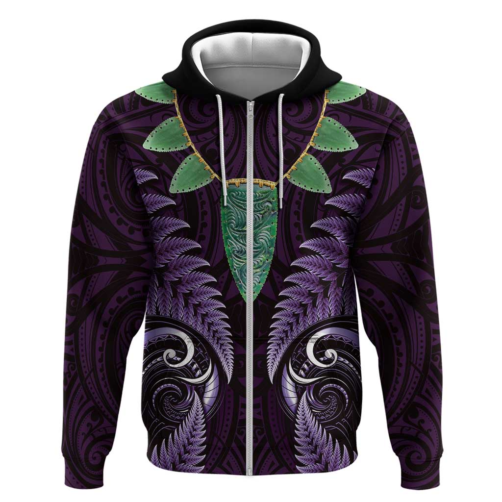 Aotearoa Pounamu Niho Zip Hoodie Silver Fern Mix Maori Pattern - Purple LT14 Zip Hoodie Purple - Polynesian Pride