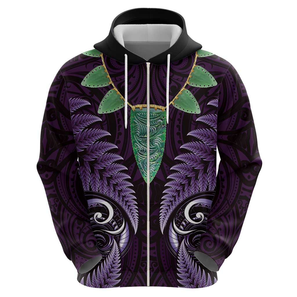 Aotearoa Pounamu Niho Zip Hoodie Silver Fern Mix Maori Pattern - Purple LT14 - Polynesian Pride