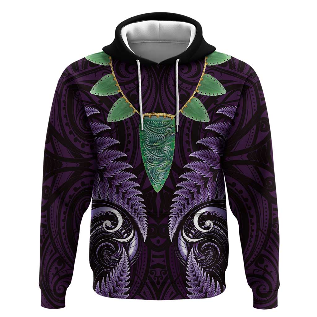 Aotearoa Pounamu Niho Zip Hoodie Silver Fern Mix Maori Pattern - Purple LT14 Pullover Hoodie Purple - Polynesian Pride