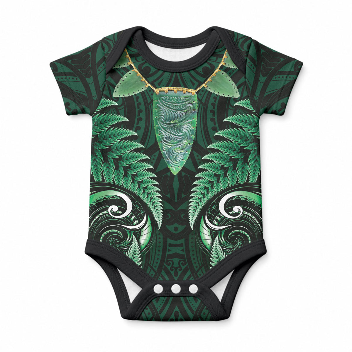 Aotearoa Pounamu Niho Baby Onesie Silver Fern Mix Maori Pattern - Green LT14 Green - Polynesian Pride