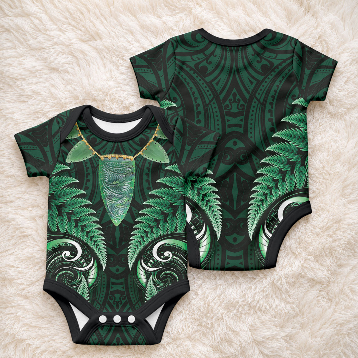 Aotearoa Pounamu Niho Baby Onesie Silver Fern Mix Maori Pattern - Green LT14 - Polynesian Pride