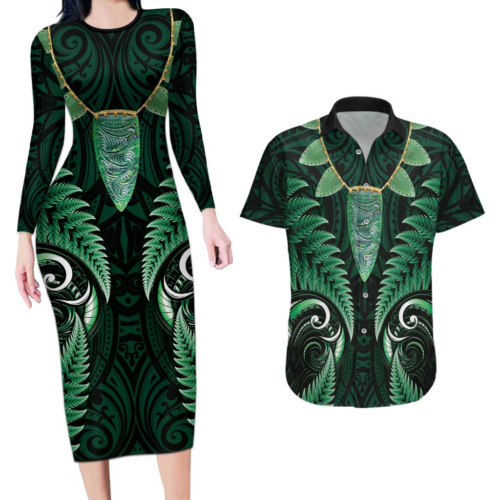 Aotearoa Pounamu Niho Couples Matching Long Sleeve Bodycon Dress and Hawaiian Shirt Silver Fern Mix Maori Pattern - Green