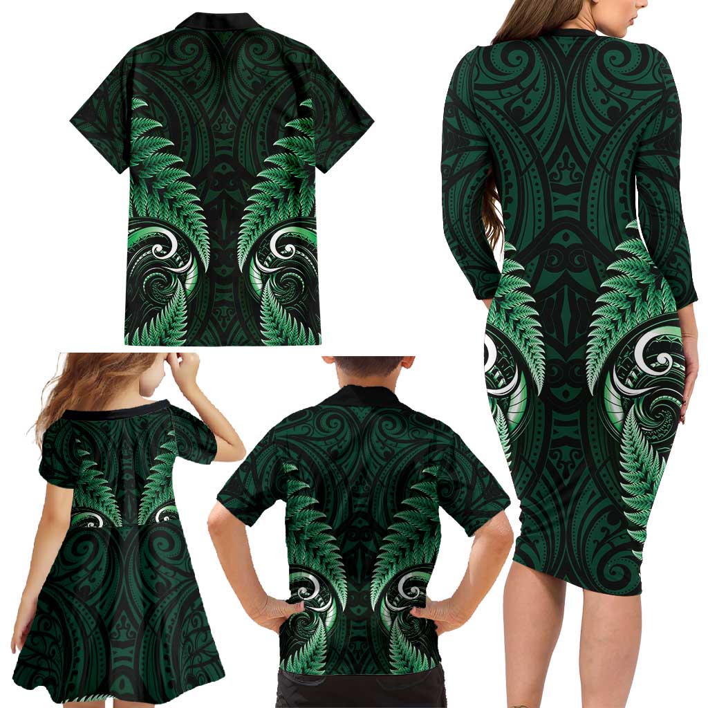Aotearoa Pounamu Niho Family Matching Long Sleeve Bodycon Dress and Hawaiian Shirt Silver Fern Mix Maori Pattern - Green LT14 - Polynesian Pride